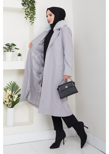 Kadın Kürk Detaylı Kuşaklı Astarlı Kaşe Kaban -PMK474 modelleri