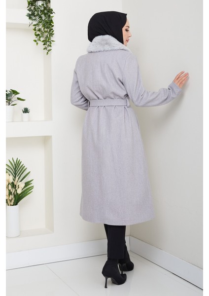 Kadın Kürk Detaylı Kuşaklı Astarlı Kaşe Kaban -PMK474 fırsatları