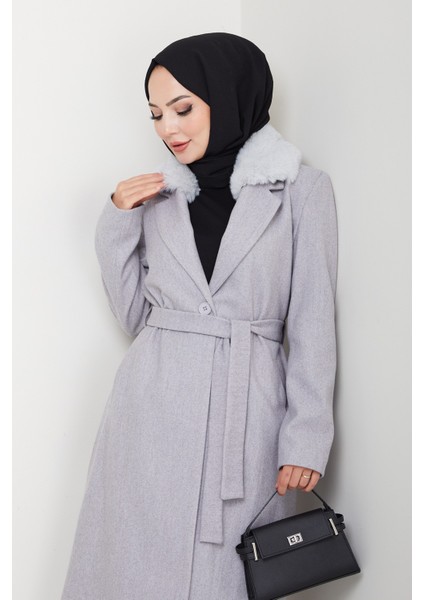 Kadın Kürk Detaylı Kuşaklı Astarlı Kaşe Kaban -PMK474 indirimleri