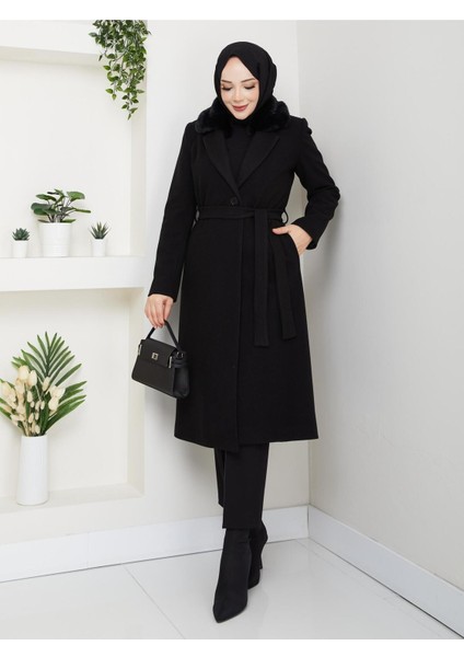 Kadın Kürk Detaylı Kuşaklı Astarlı Kaşe Kaban -PMK474