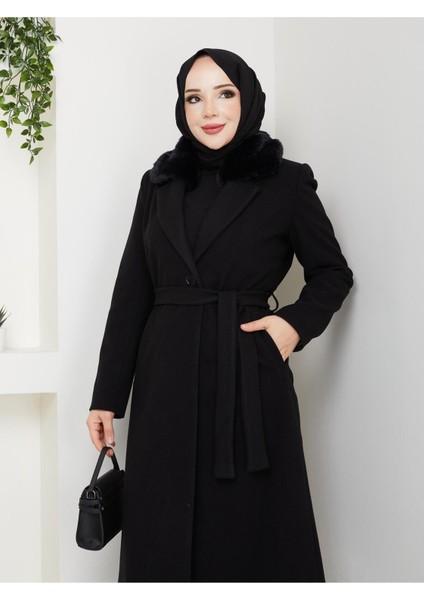 Kadın Kürk Detaylı Kuşaklı Astarlı Kaşe Kaban -PMK474 fiyatları