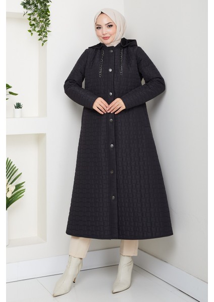 Kadın Zincir Detaylı Kapüşonlu Kapitone Mont -PMK475 fiyatları