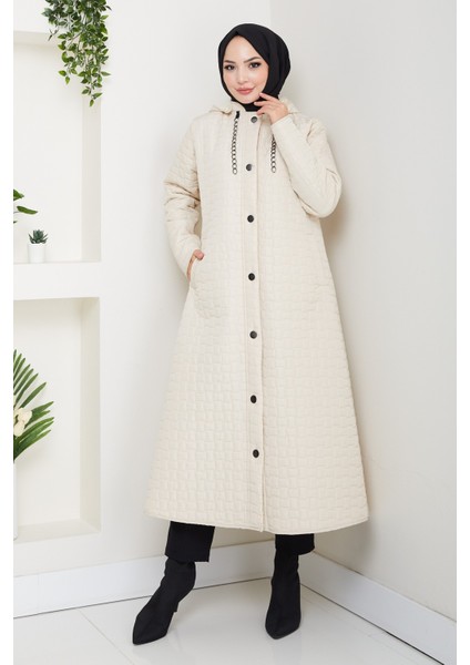 Kadın Zincir Detaylı Kapüşonlu Kapitone Mont -PMK475 fiyatları