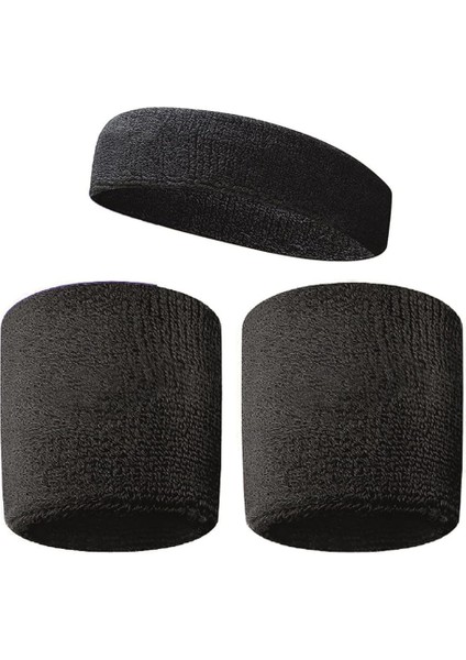 Havlu Kafa Sporcu Ter Saç Bandı ve 2 Adet Havlu Bileklik Seti Siyah