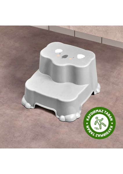 Çocuklar Için Kaydırmaz, Çift Basamaklı Tabure - Banyo ve Lavabo Katlı Yükseltici - Gri