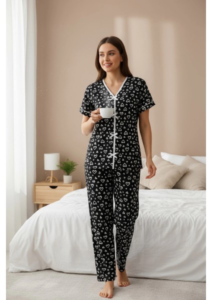 Marsilyan- Kadın Siyah Kalp Desenli Fiyonklu Kısa Kollu Uzun Pijama Takımı fiyatları