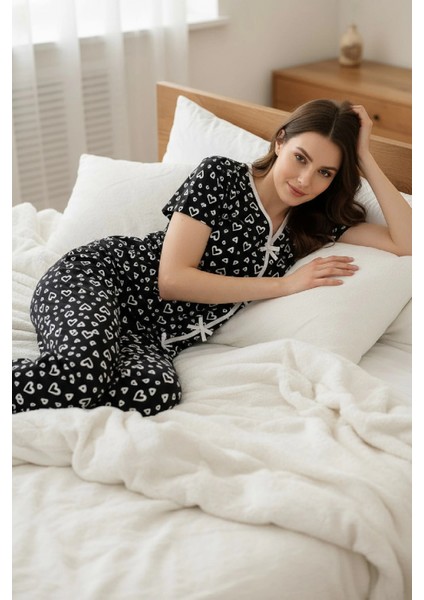 Marsilyan- Kadın Siyah Kalp Desenli Fiyonklu Kısa Kollu Uzun Pijama Takımı fırsatları