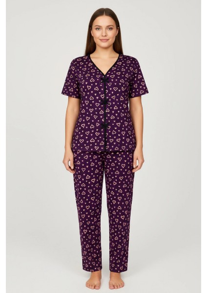 Marsilyan- Kadın Mor Kalp Desenli Fiyonklu Kısa Kollu Uzun Pijama Takımı fiyatları