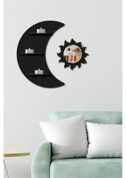 Güneş ve Ay Dekoratif Duvar Rafı Siyah Renk