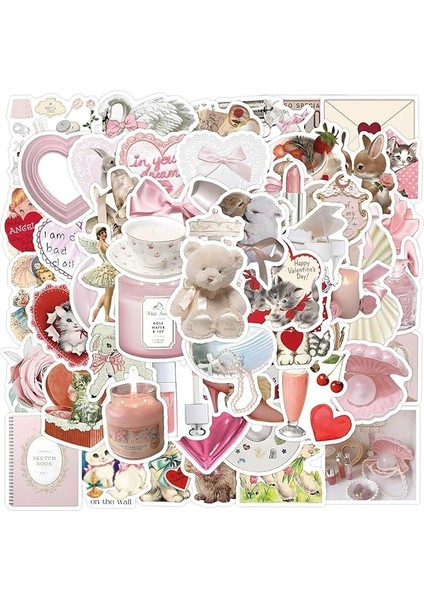 Master Vintage Pembe Estetik Kolaj Çıkartma Seti, 60 Parça, Sevgililer Günü Temalı, Dizüstü Bilgisayar Için Su Geçirmez Sticker