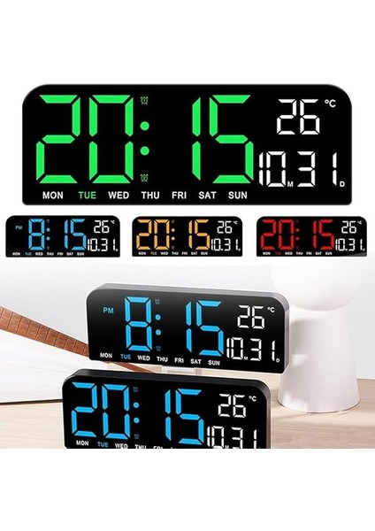 Dijital Çalar Saat, Büyük Ekranlı Başucu Saati, Tarih, Saat, Sıcaklık Göstergeli Aynalı Elektrikli Saatleri 24X9 cm (Yeşil) modelleri
