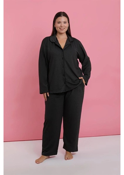 Moda Kadın Büyük Beden Füme Düğmeli Pijama Takımı indirimleri