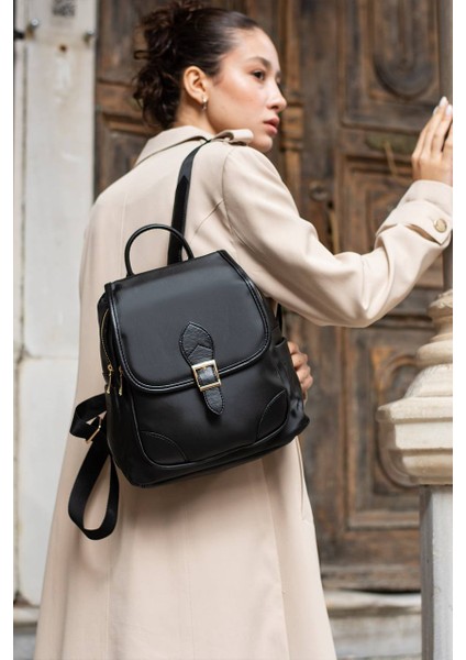 Asel Çanta,toka Detaylı, Siyah Saten Deri Bayan Sırt Çantası