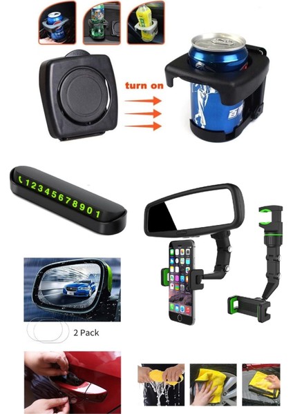 6 Parça Araç İçi Gereçler Bardak Tutucu Numaratör Bez Telefon Tutucu ve Kapı Ayna Koruyucu Film Set