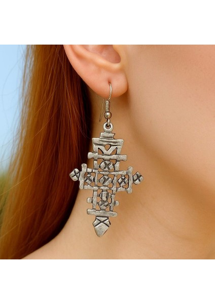 Haç Şekilli Kadın Küpe Çift Adet Gümüş Kaplama El Yapımı Küpe