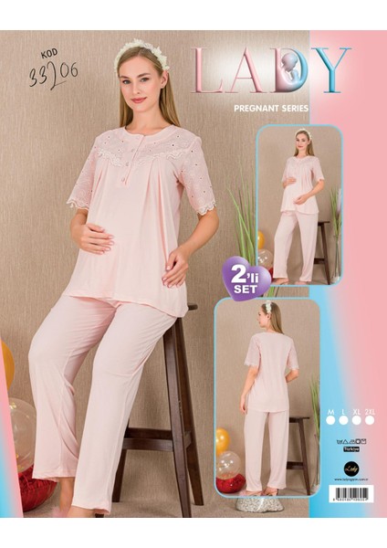 Lady Lingerie Düğmeli Gömlek Yaka Uzun Kollu Şık Hamile&lohusa 2'li Set Pijama