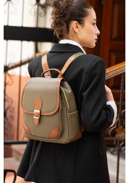 Asel Çanta,toka Detaylı, günlük,haki Saten Deri Bayan Sırt Çantası