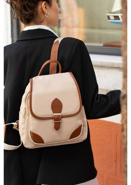 Asel Çanta,toka Detaylı, açık vizon taba Saten Deri Bayan Sırt Çantası