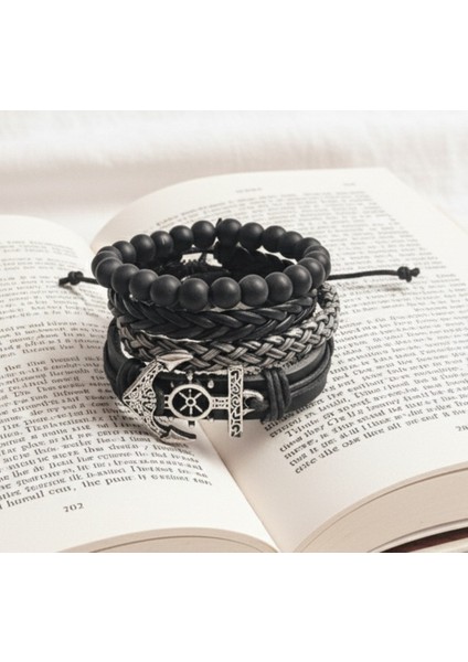 4 Adet Deri Bileklik Denizci Çapa Figürlü Hakiki Deri Bileklik Erkek Bileklik