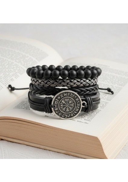 4 Adet Deri Bileklik Pusula Vegvisir Tasarım Hakiki Deri Bileklik Erkek Bileklik Hediye Bileklik