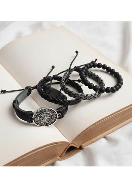 4 Adet Deri Bileklik Pusula Vegvisir Tasarım Hakiki Deri Bileklik Erkek Bileklik Hediye Bileklik modelleri