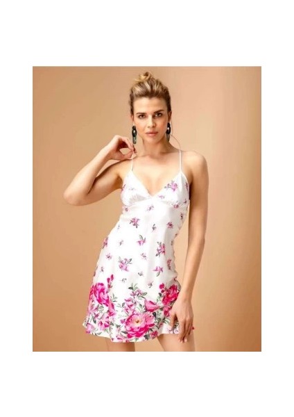 Nurteks 5453 Çiçek Desenli Saten Kısa Gecelik