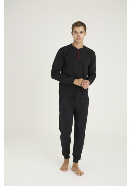 Erkek Büyük Beden %100 Pamuklu Düğmeli Manşetli Uzun Kol Pijama Takım