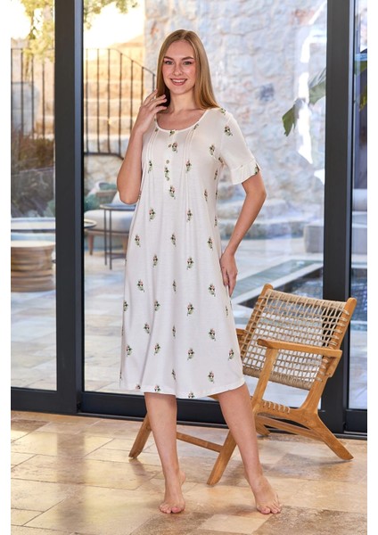 Aqua 25675 Kadın Gül Desen Kısa Kol Gecelik