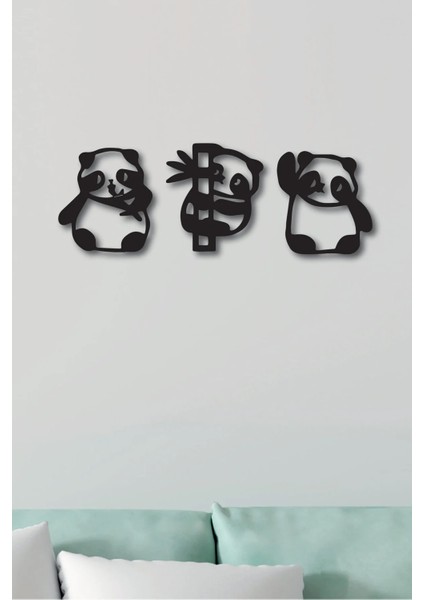 (3'lü) Panda Lazer Kesim Dekoratif Ahşap Tablo Dekoru Süsü