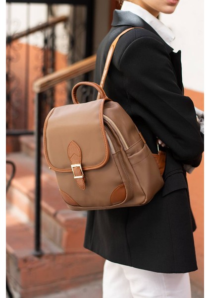 Asel Çanta,toka Detaylı, vizon taba Saten Deri Bayan Sırt Çantası