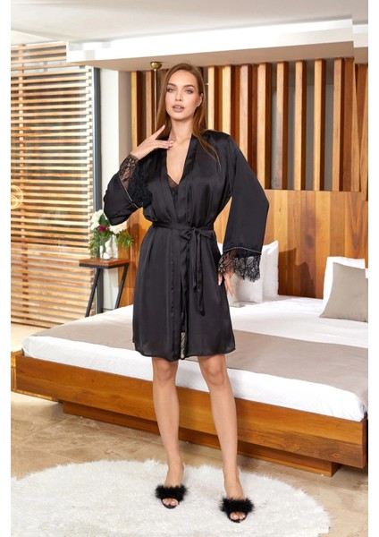 Aqua 25594 Dantel ve Tül Detaylı Saten Gecelik Sabahlık Takım