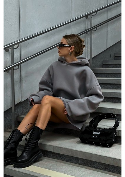 Gri Yumuşacık Kumaşlı Oversize Fit Ici Polarlı Basic Kapüşonlu Sweatshirt Hoodie