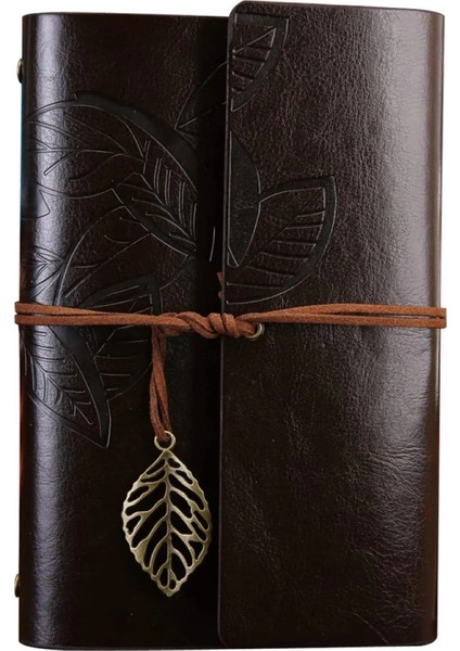Büyük Yaprak Desenli Deri Defter Koyu Kahverengi