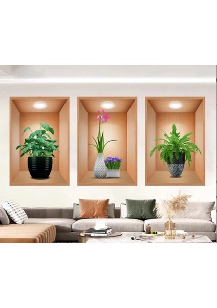 3D Çiçek Vazo Duvar Sticker 3 Lü Set Kahverengi Fon (4887) fiyatları