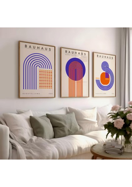 (Çerçevesiz) Bauhaus 3'lü Mavi Turuncu Çerçevesiz Poster Set, Modern Dekoratif Poster Seti