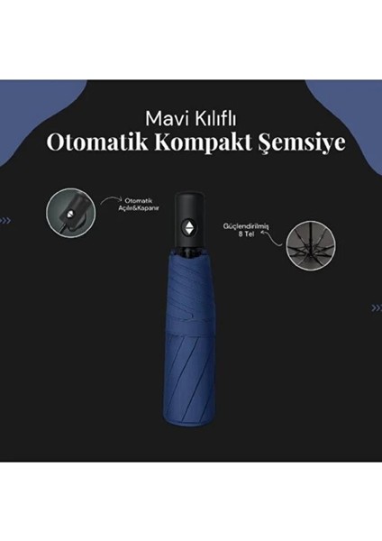Mavi 8 Telli Şemsiye Unisex Rüzgara Dayanıklı Kırılmayan Erkek Kadın Tam Otomatik Şemsiye 98X58 cm modelleri