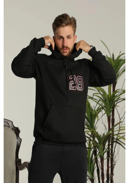 Erkek Oversize Üç Iplik Kapüşonlu Sweatshirt -Sırt ve Ön Baskılı, Kanguru Cepli, Rahat Kalıp Maskot Desenli Model - Siyah