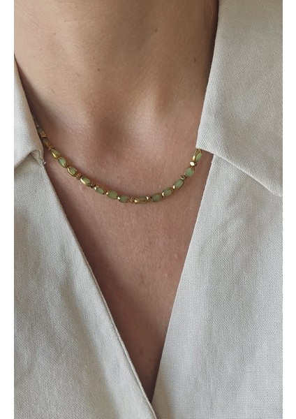 Paslanmaz Çelik Özel Tasarım Yeşil Çek Cam Boncuk&hematit Kolye-No3