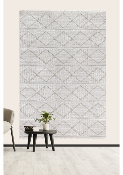 Posıtano Krem Bej Renk Geometrik Model Yumuşak Bukleli ve Püsküllü Dekoratif Makine Dokuma Halı modelleri