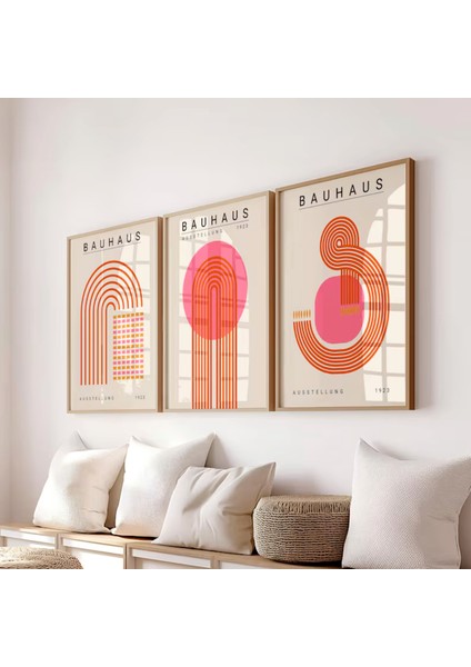 (Çerçevesiz) Bauhaus Pembe 3'lü Çerçevesiz Poster Set, Modern Dekoratif Poster Seti