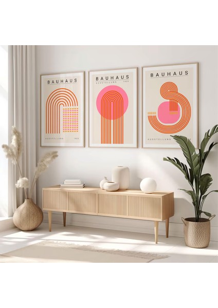 (Çerçevesiz) Bauhaus Pembe 3'lü Çerçevesiz Poster Set, Modern Dekoratif Poster Seti modelleri