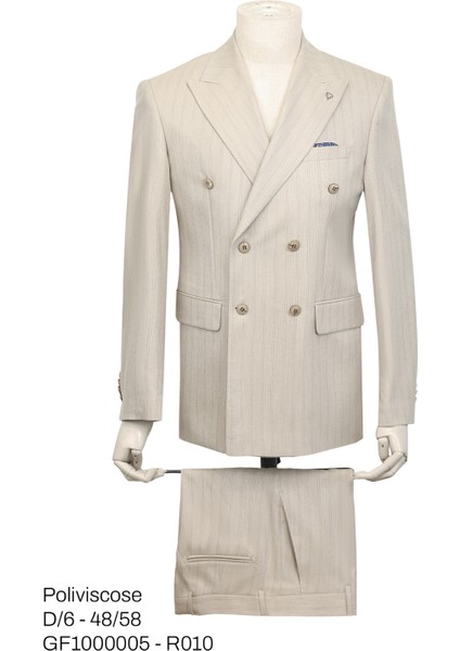 Gri Çizgili Düz Kesim Erkek Takım Elbise Çift Düğmeli Poliviskon Kumaş
