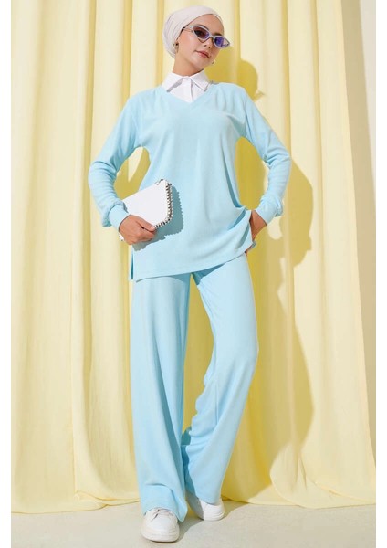 Gömlek Yaka Fitilli Salaş Ikili Takım Buz Mavisi T4300