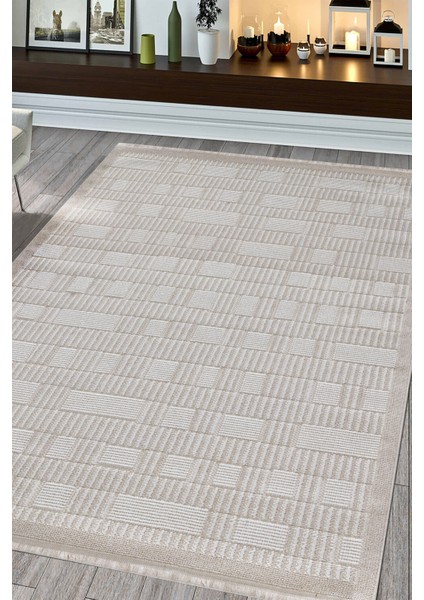 Posıtano Krem Bej Renk Kareli Model Yumuşak Bukleli ve Püsküllü Dekoratif Makine Dokuma Halı fiyatları