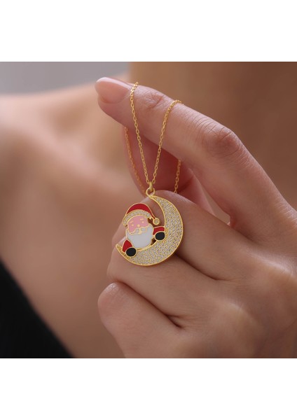 925 Ayar Gümüş Mineli Noel Baba ve Ay Kolye