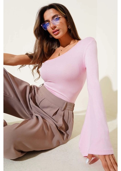 Tek Omuzlu Basic Bluz Pembe T4275