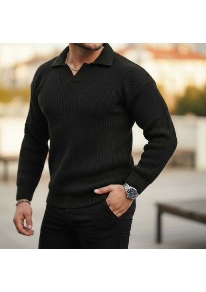 Oversize Gömlek Polo Yaka Selanik Örgülü Erkek Triko Kazak fiyatları