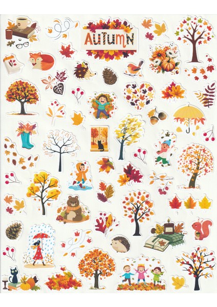 Autumn Leaves Sonbahar Yaprakları Sticker Seti Happy Thanksgiving Cozy Fall Etiket Yağmur Rüzgar Sarı Turuncu Kırmızı Çıkartma NSTI0223