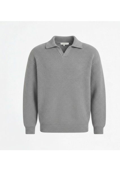 Oversize Gömlek Polo Yaka Selanik Örgülü Erkek Triko Kazak