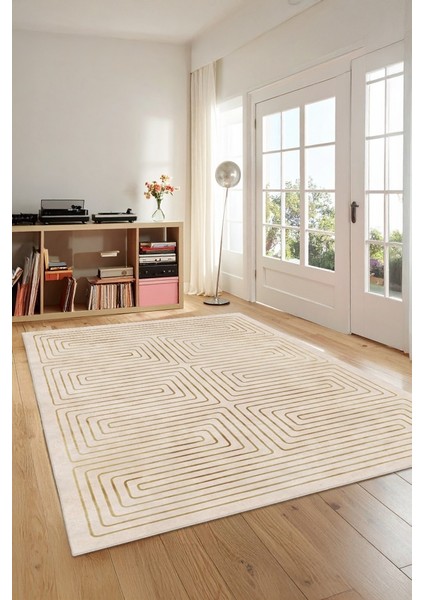 Zeminde Bir Labirent Simetrik Çizgili Modern Kaymaz Taban Halı